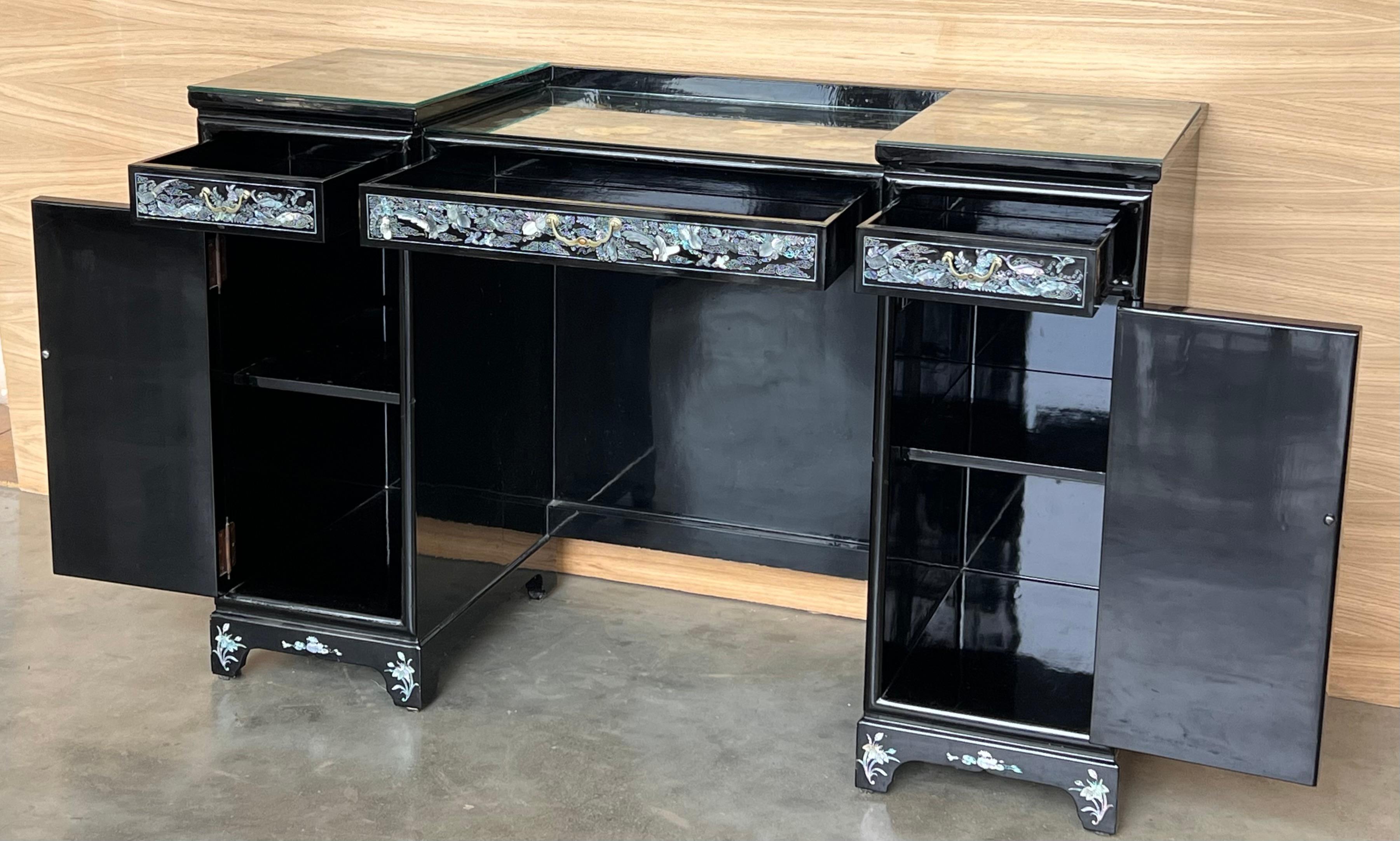Vintage Hollywood Chinoiserie Black Lacquered Vanity or Desk Table 2
