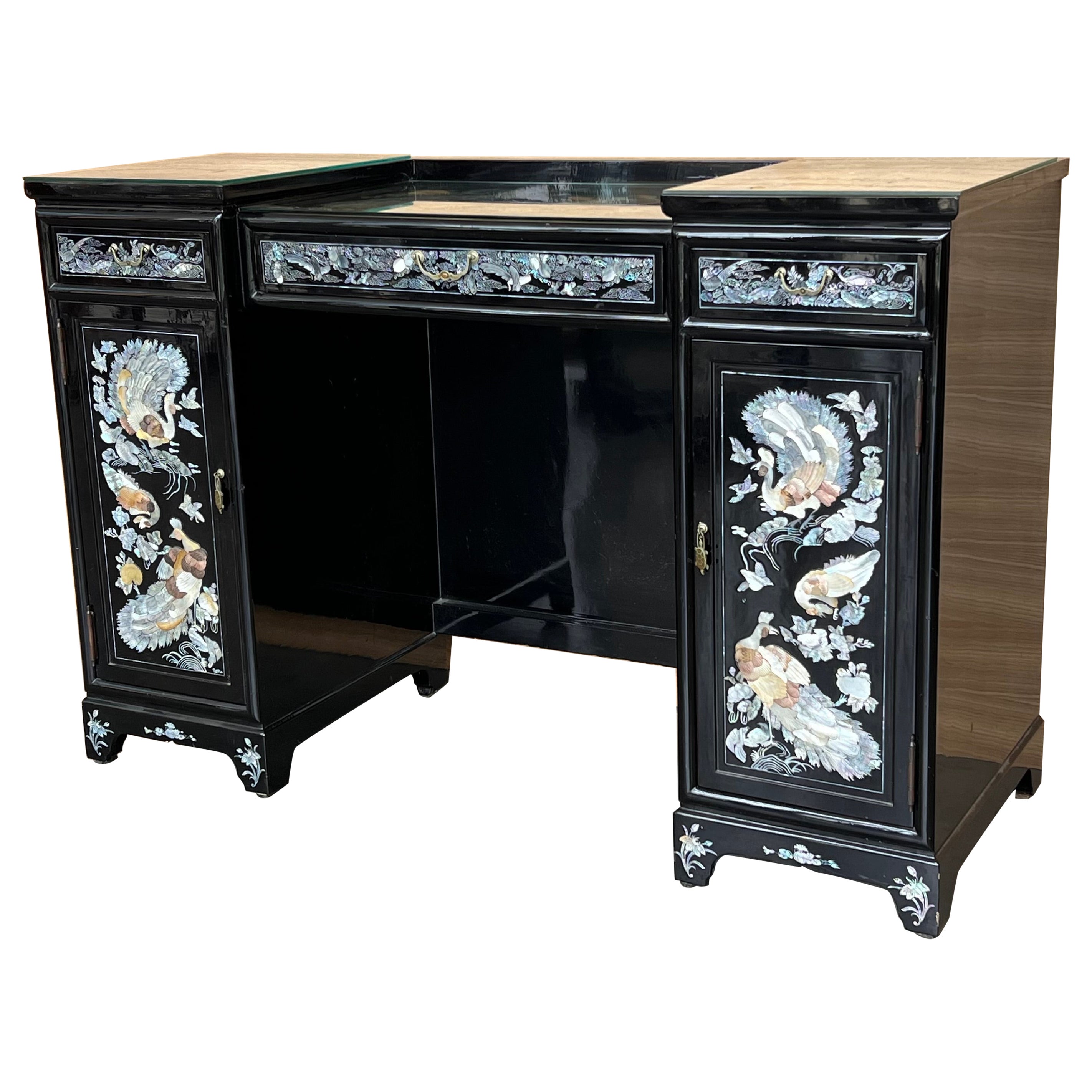 Vintage Hollywood Chinoiserie Black Lacquered Vanity or Desk Table