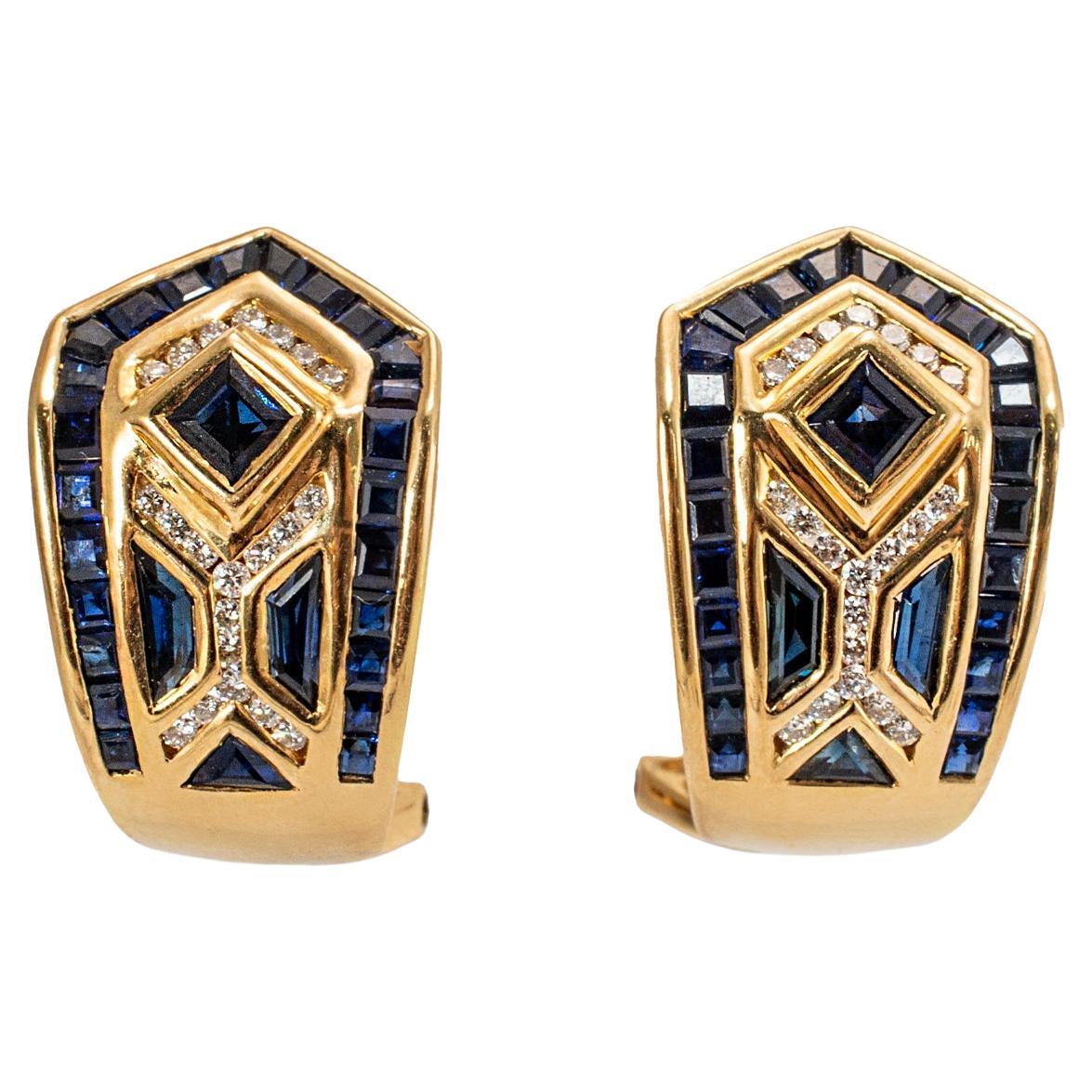 Vintage Hollywood Jewell - Orecchini a clip con zaffiro e diamante J in oro giallo 18 carati