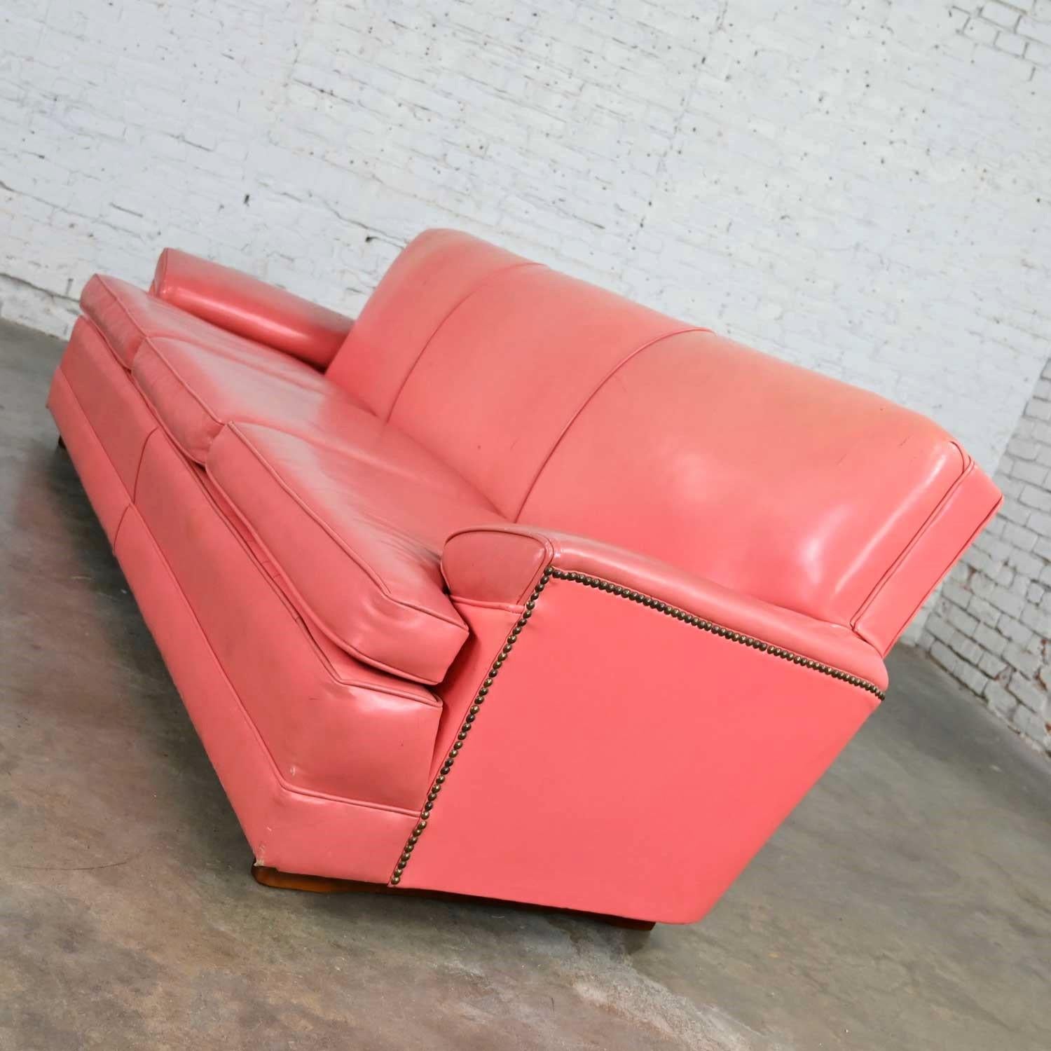Vintage Hollywood Regency Art Deco Sofa with Original Pink Distressed Leather 3