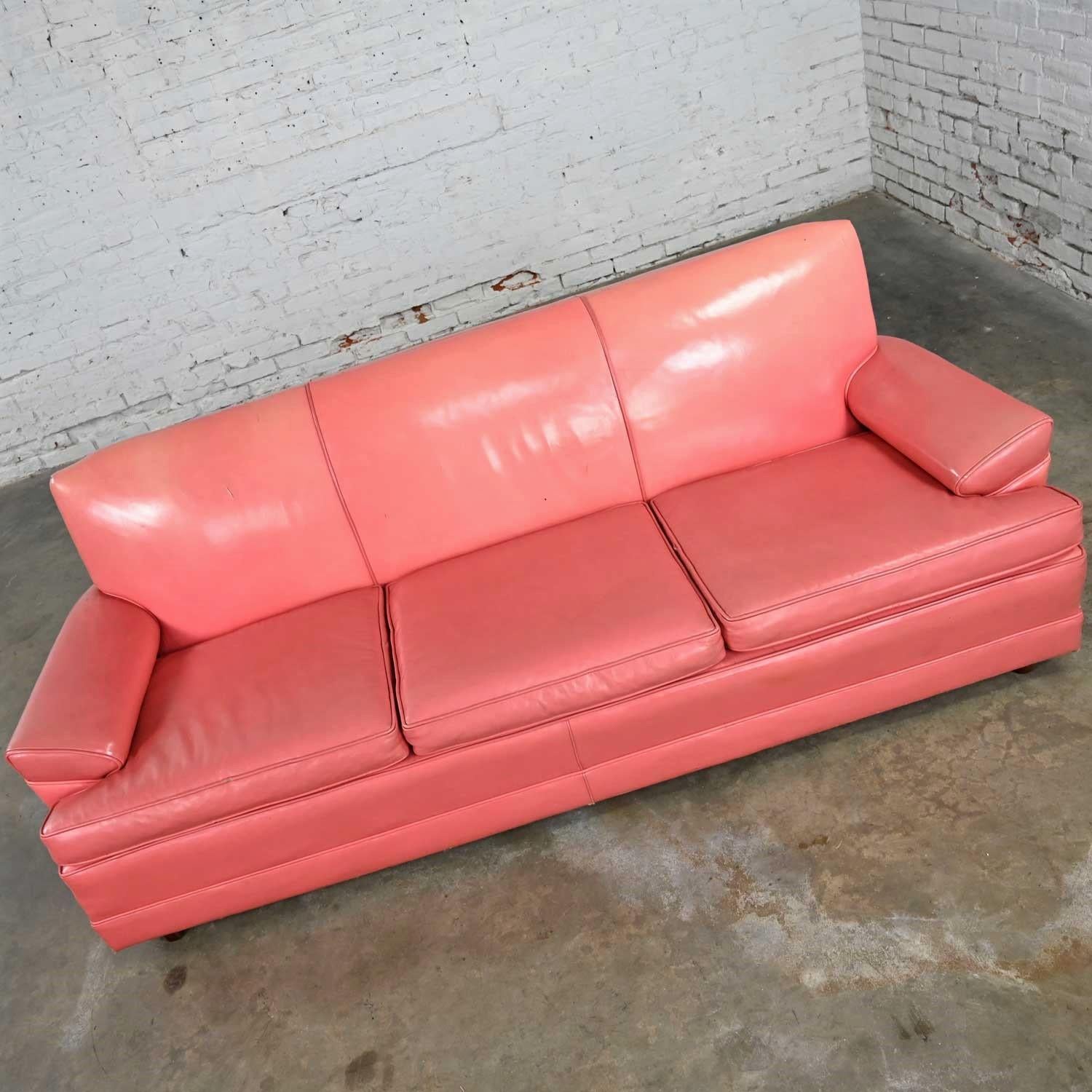 Vintage Hollywood Regency Art Deco Sofa with Original Pink Distressed Leather 4