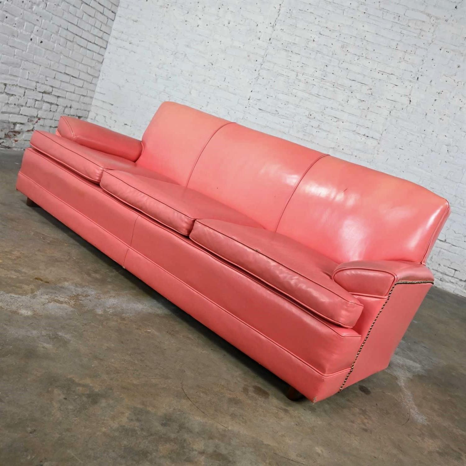 Vintage Hollywood Regency Art Deco Sofa with Original Pink Distressed Leather 5