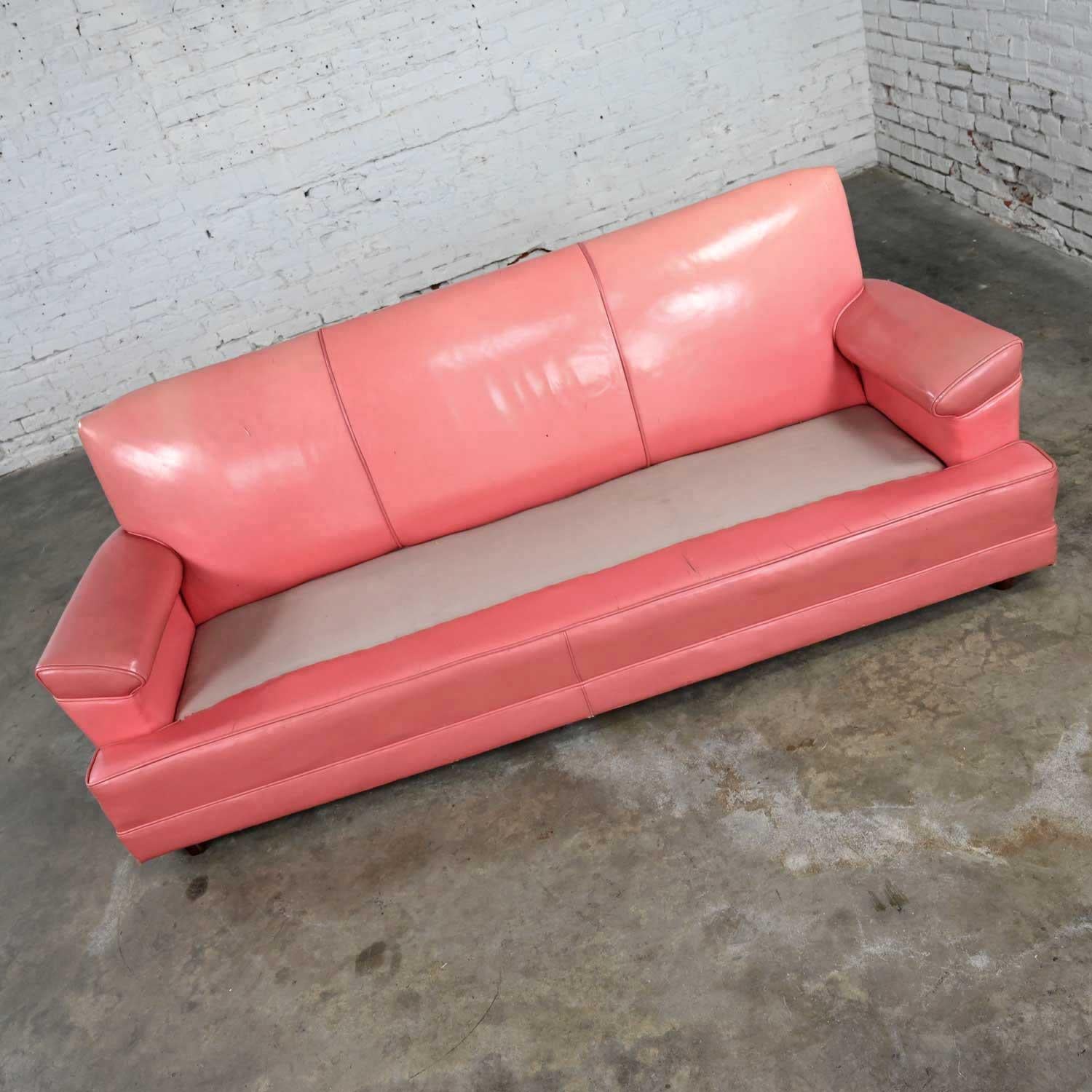 Vintage Hollywood Regency Art Deco Sofa with Original Pink Distressed Leather 7