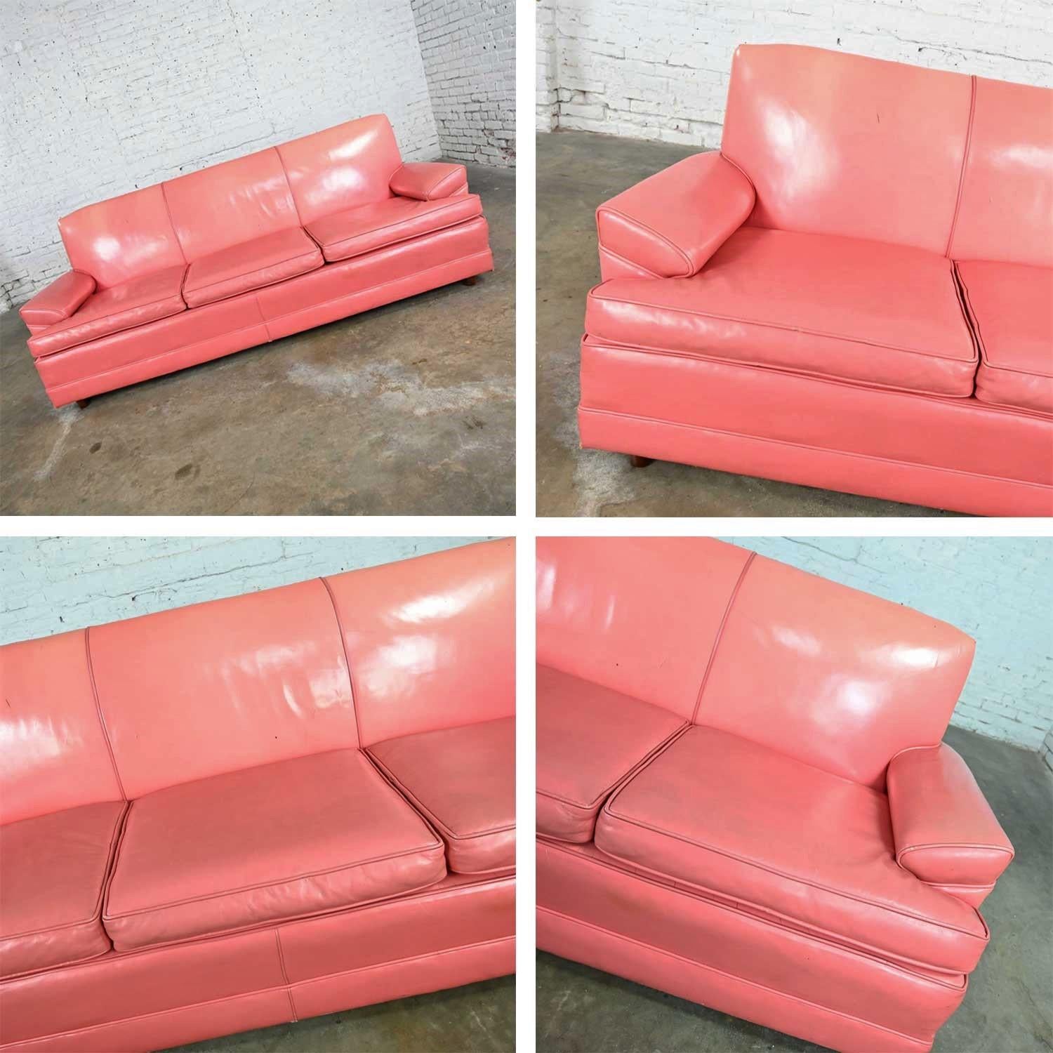 Vintage Hollywood Regency Art Deco Sofa with Original Pink Distressed Leather 11