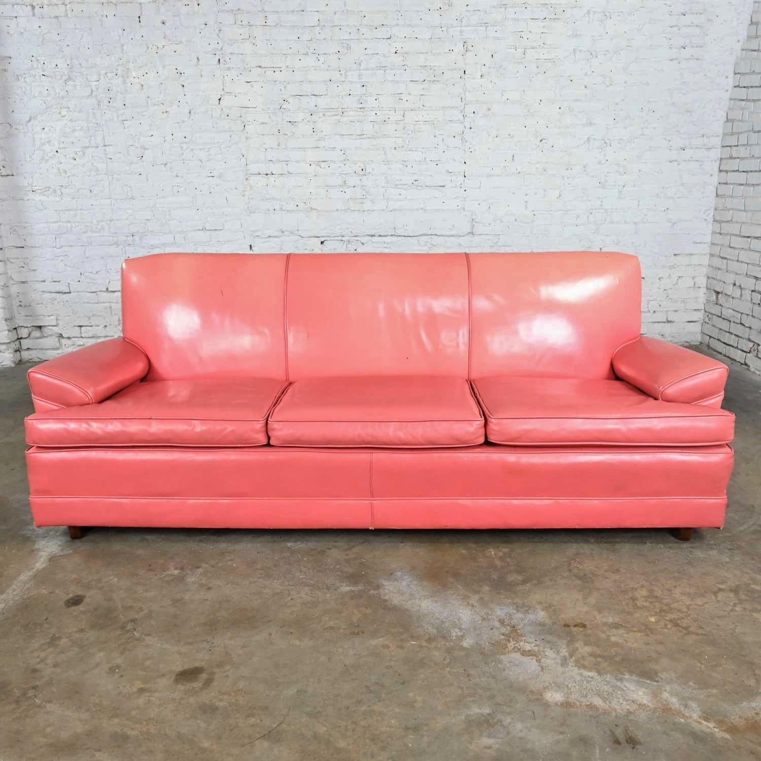 Vintage Hollywood Regency Art Deco Sofa with Original Pink Distressed Leather In Fair Condition In Topeka, KS