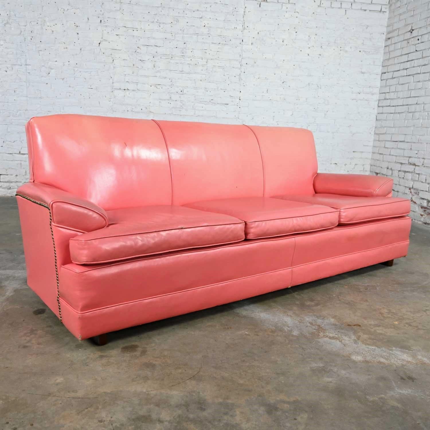 Mid-20th Century Vintage Hollywood Regency Art Deco Sofa with Original Pink Distressed Leather