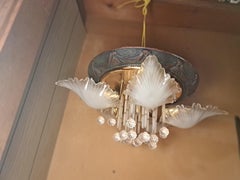 Vintage Hollywood Regency Art Nouveau Gilt and Glass Five Light Chandelier