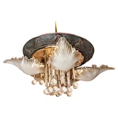 Vintage Hollywood Regency Art Nouveau Gilt and Glass Five Light Chandelier