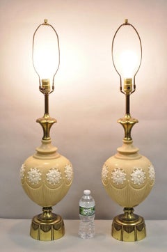 Vintage Hollywood Regency Beige Bulbous Ceramic Snowflake Table Lamps - a Pair