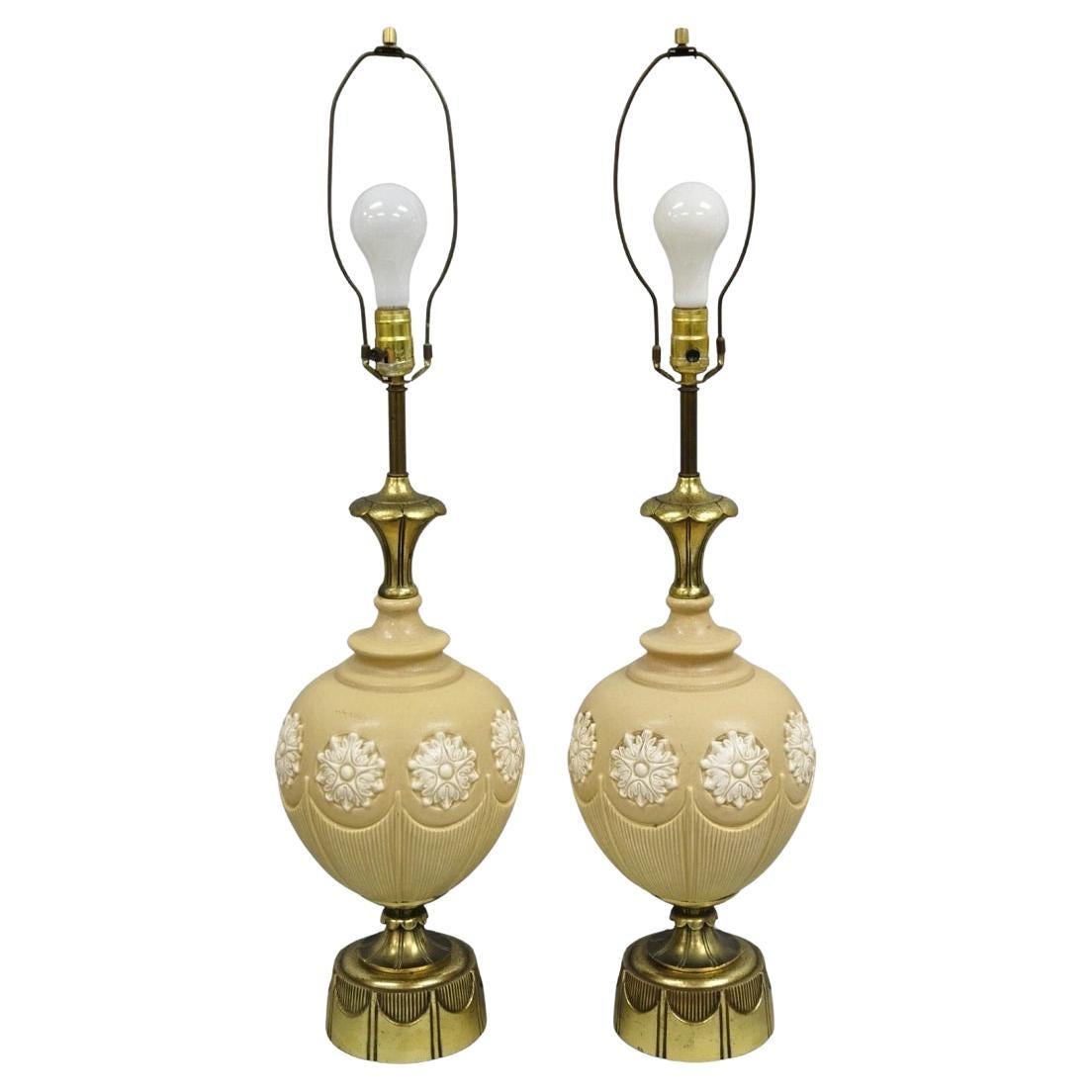 Vintage Hollywood Regency Beige Bulbous Ceramic Snowflake Table Lamps - a Pair