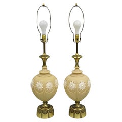 Vintage Hollywood Regency Beige Bulbous Ceramic Snowflake Table Lamps - a Pair