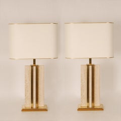 Vintage Hollywood Regency Beige Marble Travertine Gold Brass Table Lamps a Pair