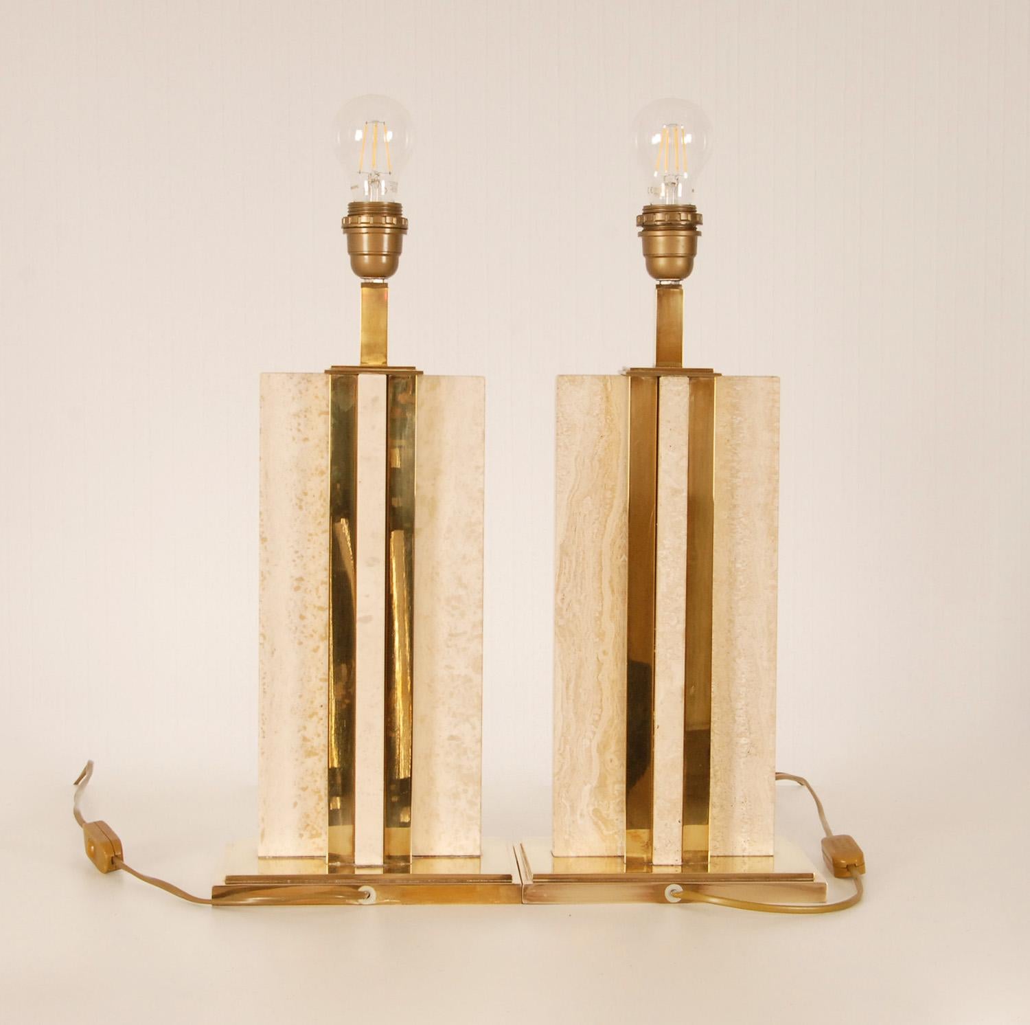20th Century Vintage Hollywood Regency Beige Marble Travertine Gold Brass Table Lamps a Pair  For Sale