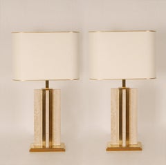 Vintage Hollywood Regency Beige Marble Travertine Gold Brass Table Lamps a Pair 