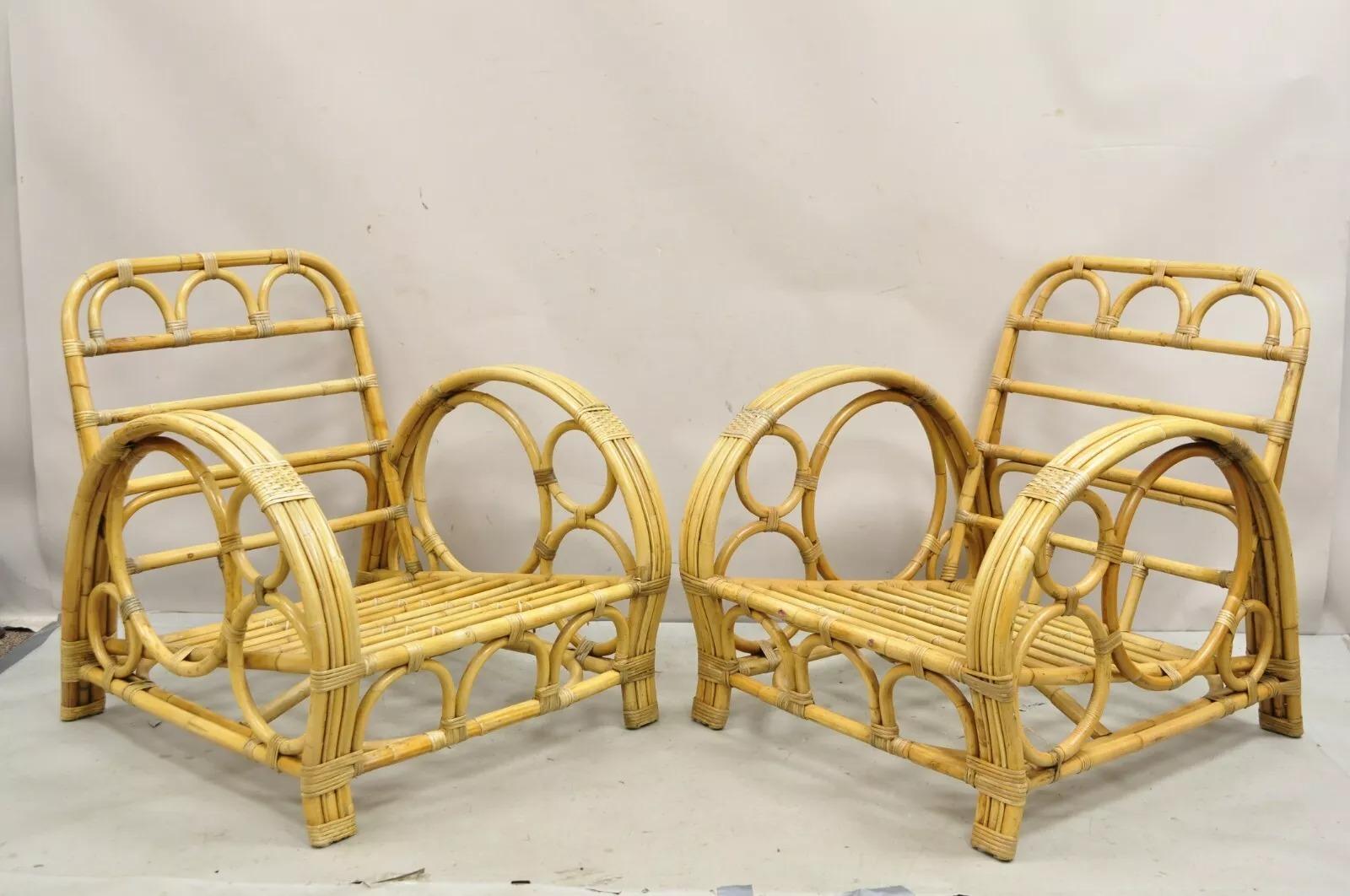 Vintage Hollywood Regency Bambú curvado Ratán mimbre Pretzel Lounge Sillas - Pareja en venta 6