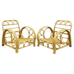 Vintage Hollywood Regency Bent Bamboo Wicker Rattan Pretzel Lounge Chairs - Pair