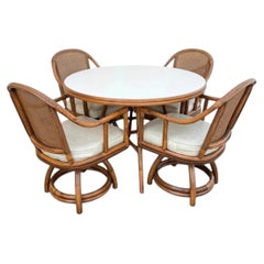 Vintage Hollywood Regency Bentwood Rattan Bamboo Swivel Chair Dining Set - 5 Pcs