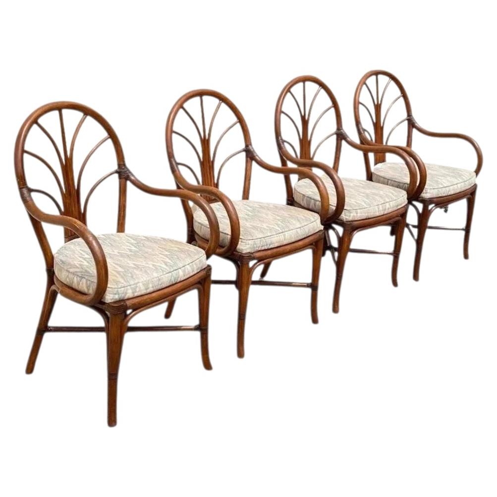 Vintage Hollywood Regency Bentwood Rattan Fan Back Dining Chairs - Set of 4
