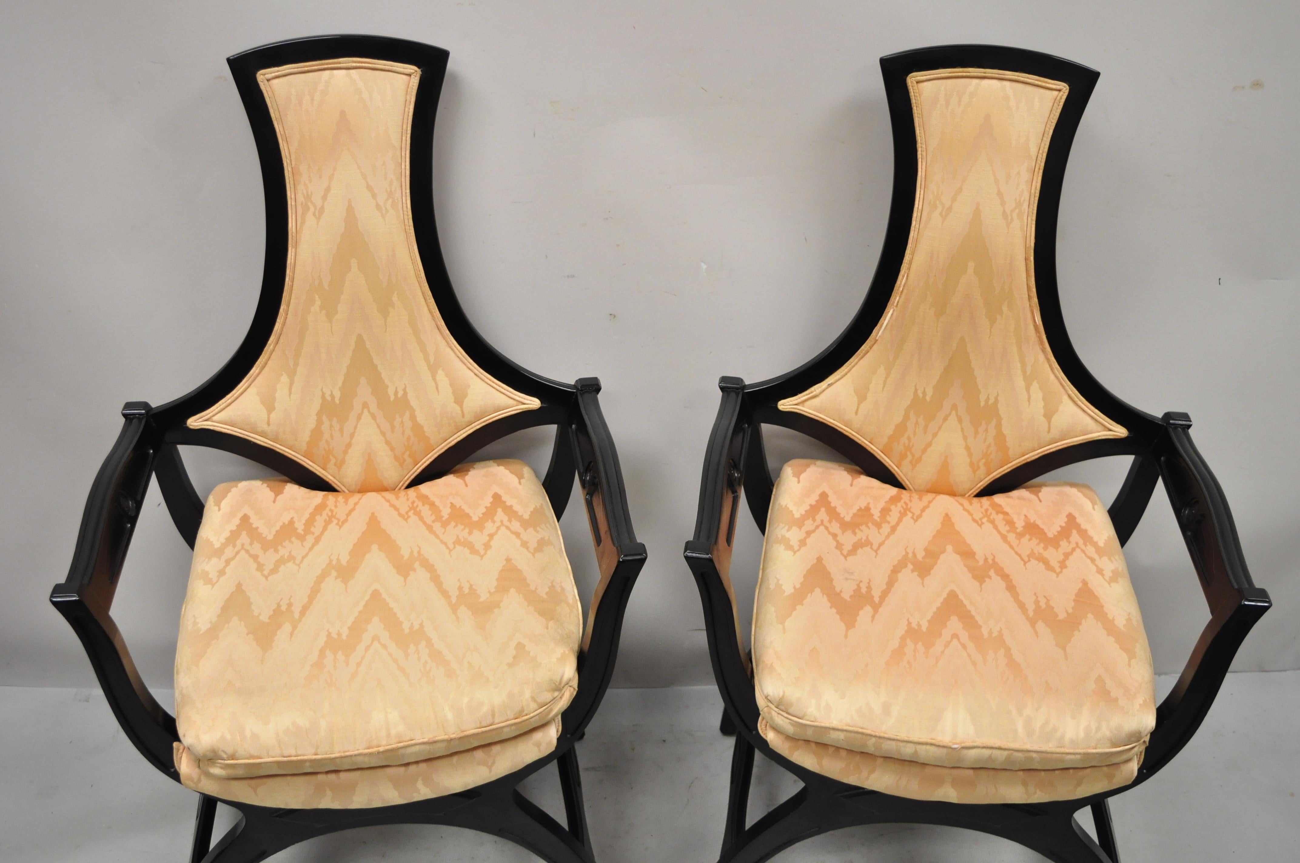 Vintage Hollywood Regency Black Curule Frame Upholstered Lounge Arm Chairs, Pair 5