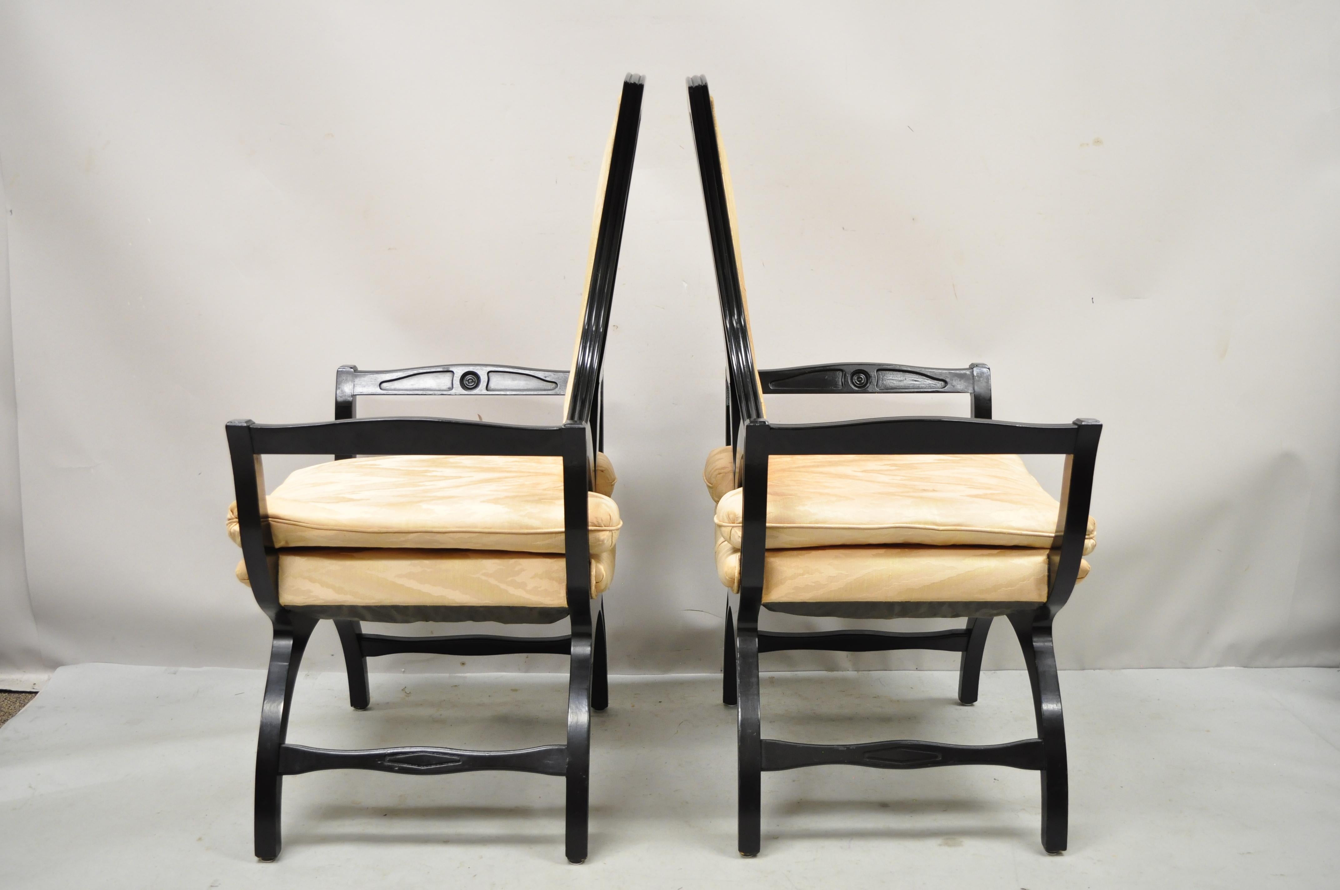 Vintage Hollywood Regency Black Curule Frame Upholstered Lounge Arm Chairs, Pair 6
