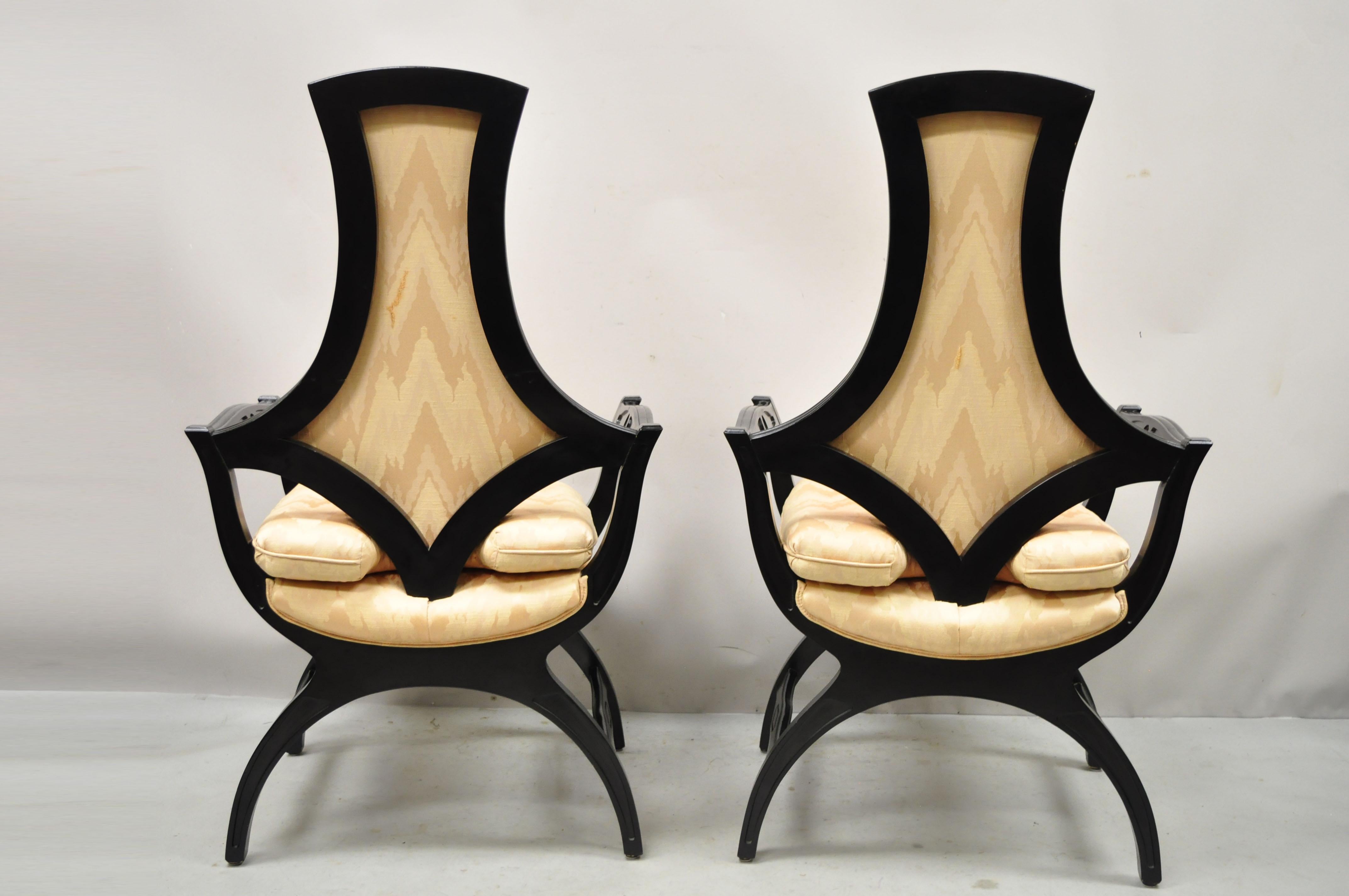 North American Vintage Hollywood Regency Black Curule Frame Upholstered Lounge Arm Chairs, Pair