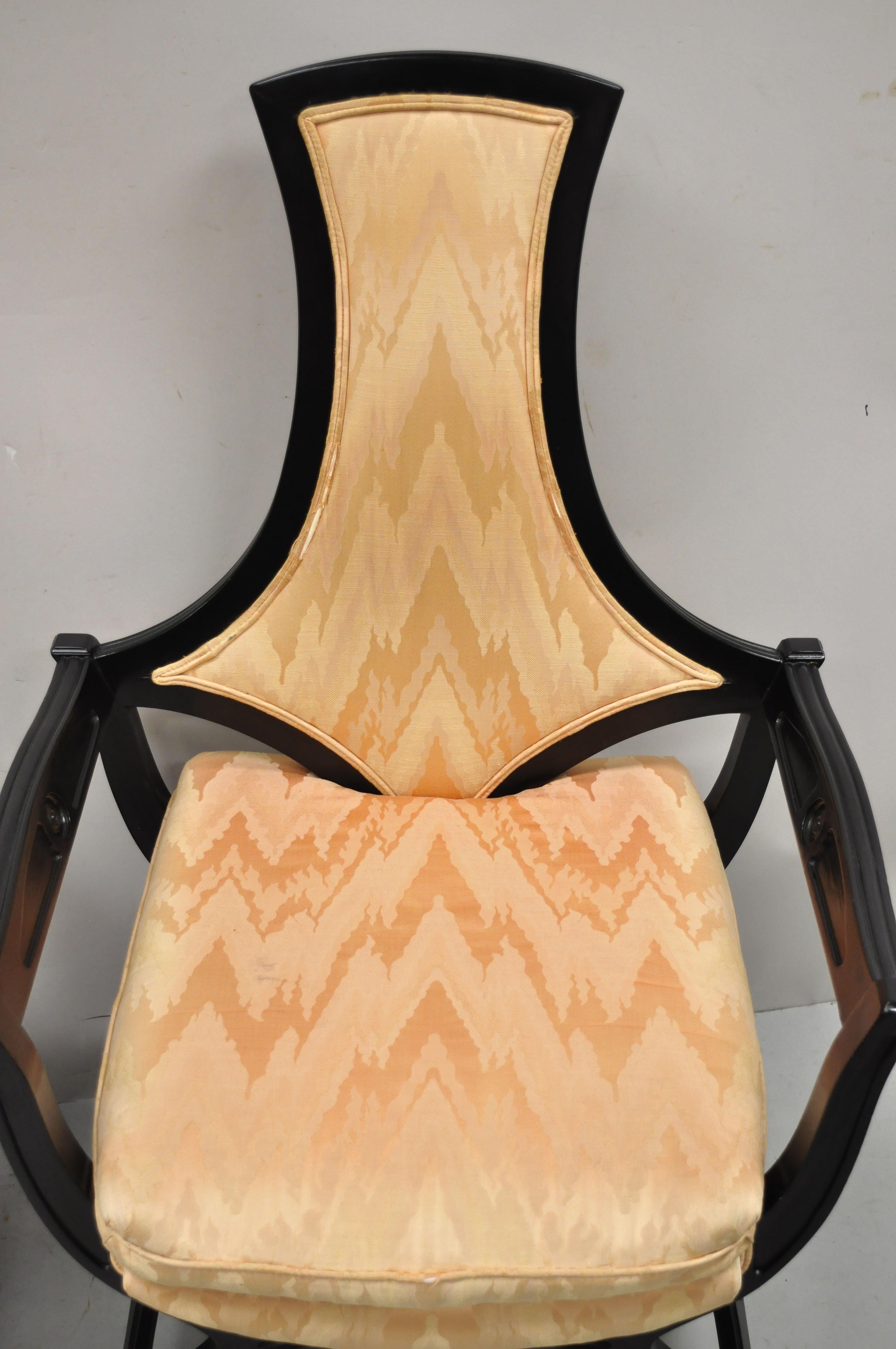 Vintage Hollywood Regency Black Curule Frame Upholstered Lounge Arm Chairs, Pair 1