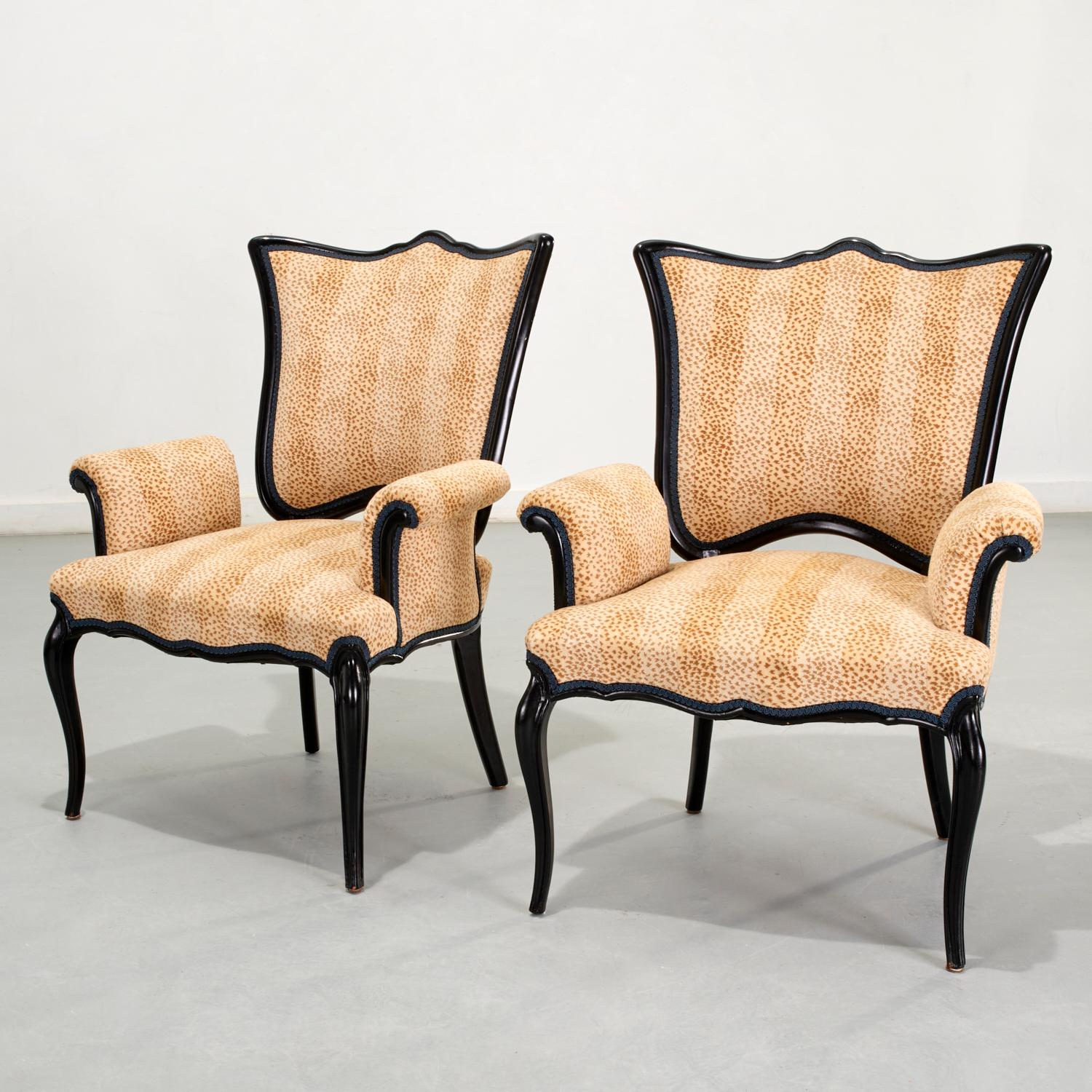 Lacquered Vintage Hollywood Regency Black Lacquer Armchairs With Velvet Cheetah Print  For Sale