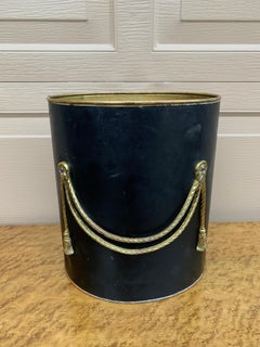 Vintage Hollywood Regency Black Leather and Brass Waste Basket