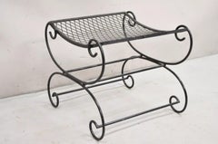 Vintage Hollywood Regency Black Wrought Iron Curule Scrolling Bench (B)
