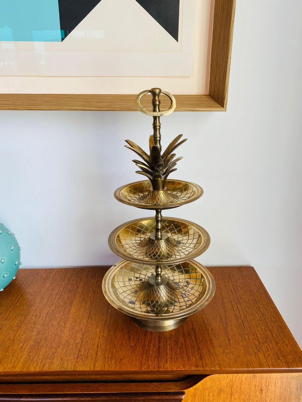 Vintage Hollywood Regency Brass 3-Tier Pineapple Nesting Serving Tray Stand 4