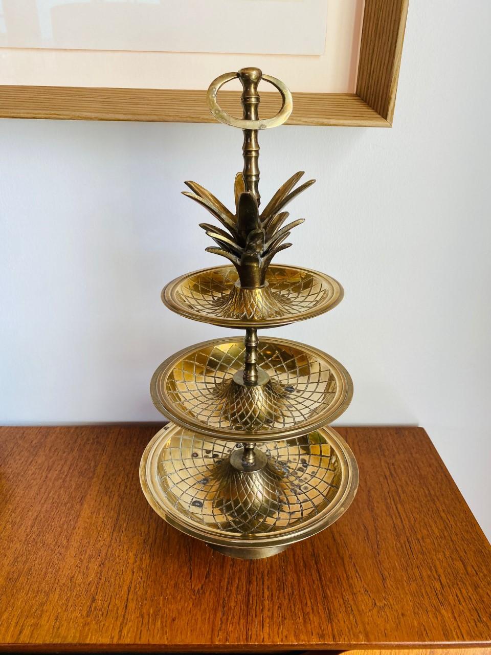 Vintage Hollywood Regency Brass 3-Tier Pineapple Nesting Serving Tray Stand 5