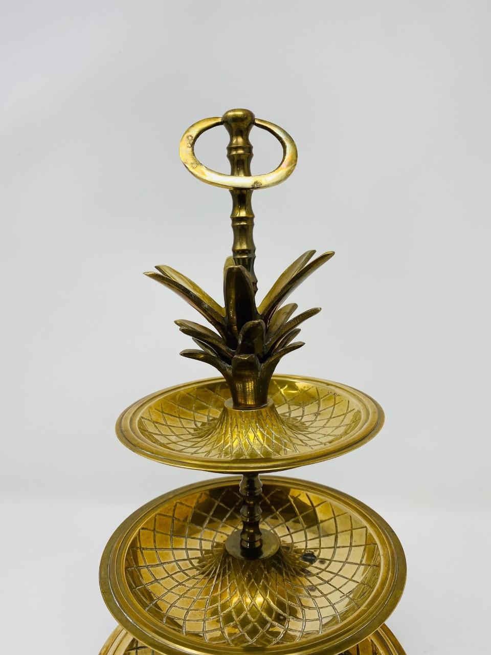 Hand-Crafted Vintage Hollywood Regency Brass 3-Tier Pineapple Nesting Serving Tray Stand