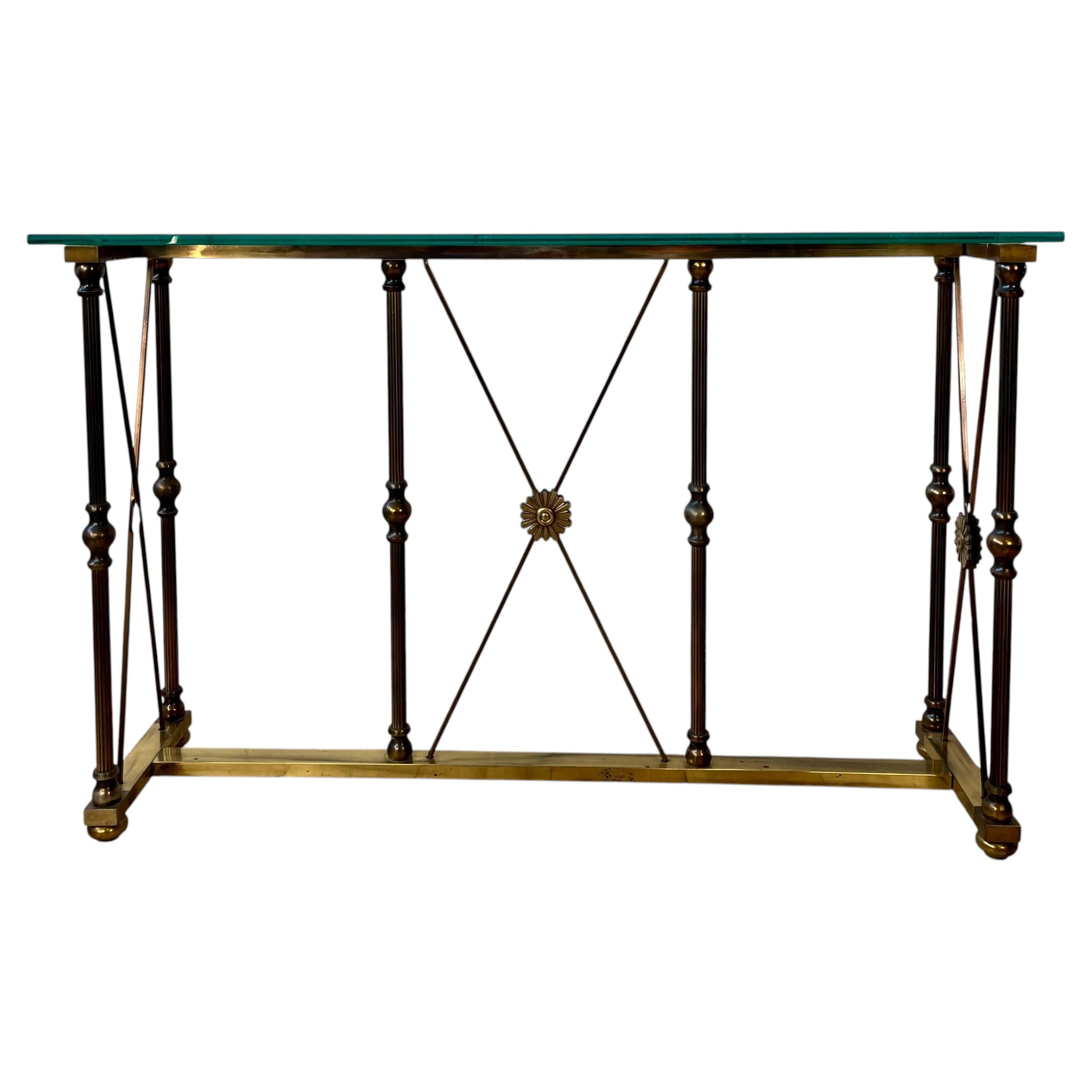 Vintage Hollywood Regency Brass and Glass Console Table with Bronze Supports