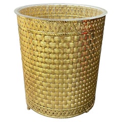 Vintage Hollywood Regency Brass Basketeave Metal Waste Basket With Acrylic Liner
