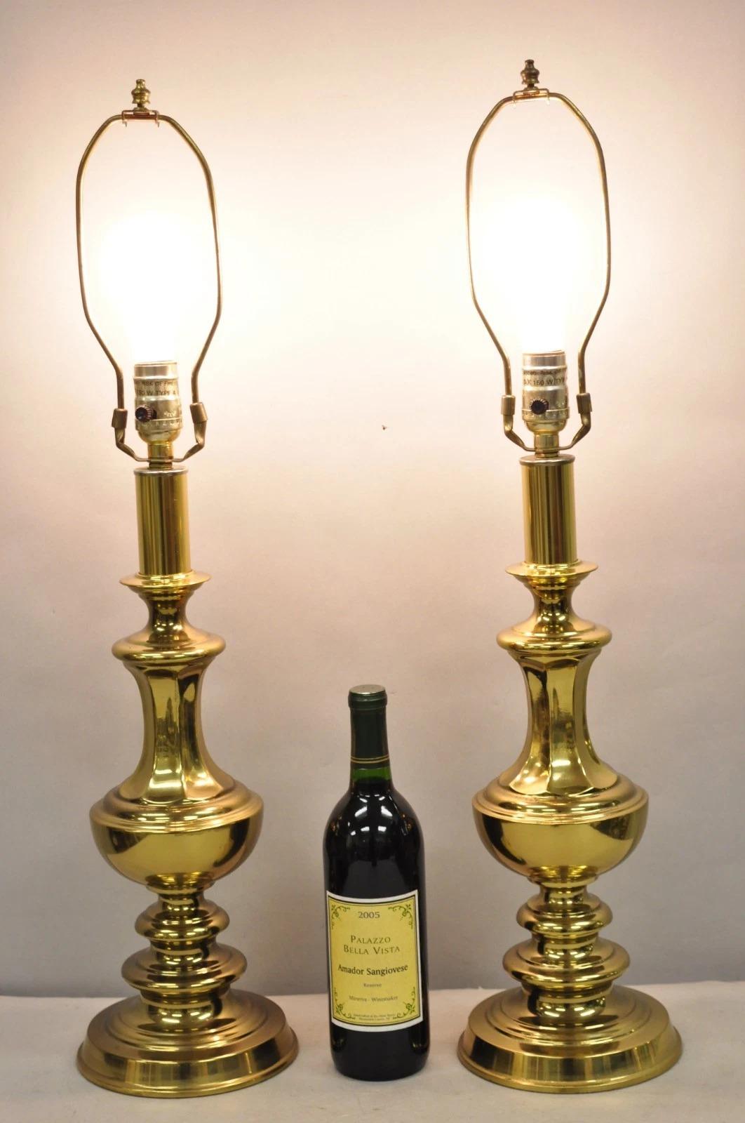 Vintage Hollywood Regency Column Stiffel Style Gold Table Lamps - a Pair. Circa Late 20th Century. Dimensions : 29