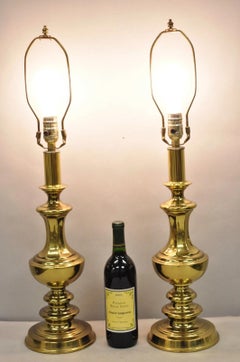 Vintage Hollywood Regency Brass Column Stiffel Style Gold Table Lamps - a Pair