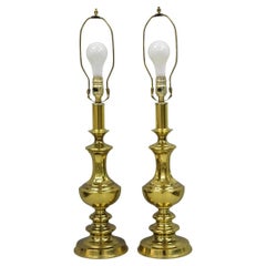 Vintage Hollywood Regency Brass Column Stiffel Style Gold Table Lamps - a Pair