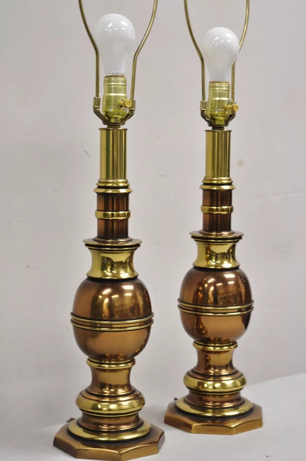 Vintage Hollywood Regency Brass & Copper Faux Bamboo Table Lamps - a Pair For Sale 4