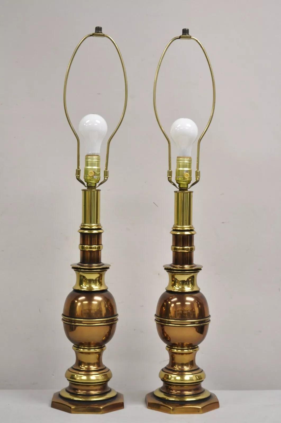 Vintage Hollywood Regency Brass & Copper Faux Bamboo Table Lamps - a Pair For Sale 5