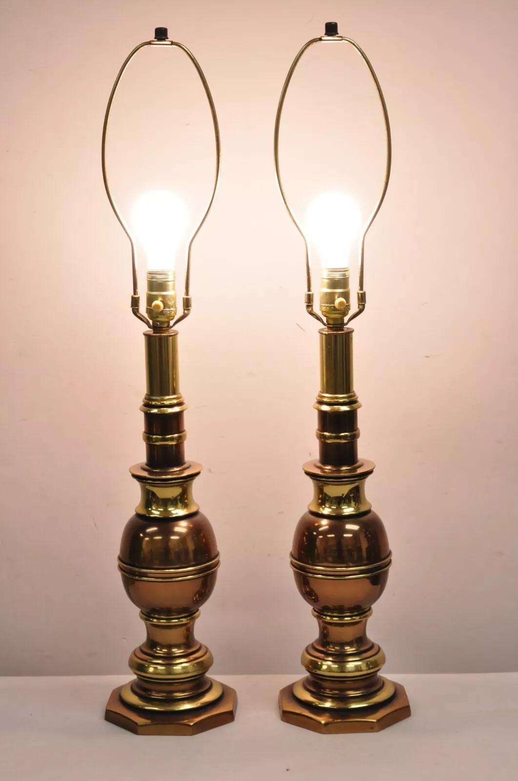 Vintage Hollywood Regency Brass & Copper Faux Bamboo Table Lamps by Westwood - a Pair. Circa Late 20th Century. Measurements: 31.5