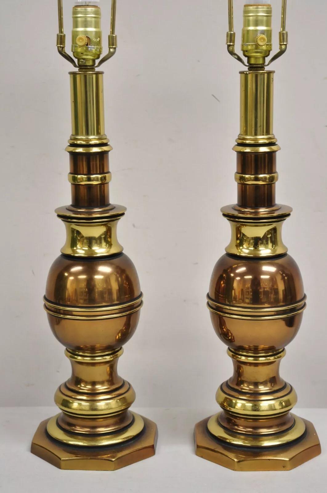 Unknown Vintage Hollywood Regency Brass & Copper Faux Bamboo Table Lamps - a Pair For Sale