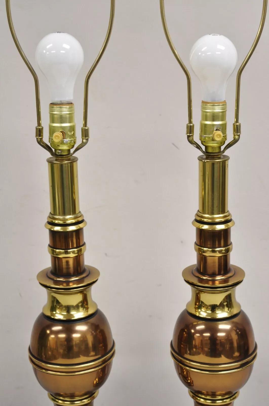 20th Century Vintage Hollywood Regency Brass & Copper Faux Bamboo Table Lamps - a Pair For Sale