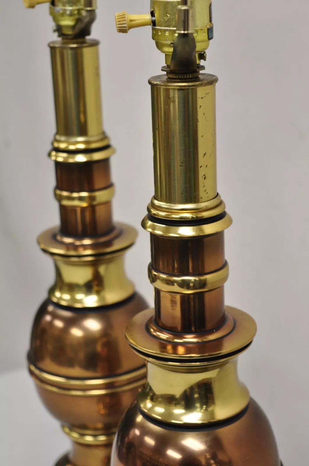 Vintage Hollywood Regency Brass & Copper Faux Bamboo Table Lamps - a Pair For Sale 3