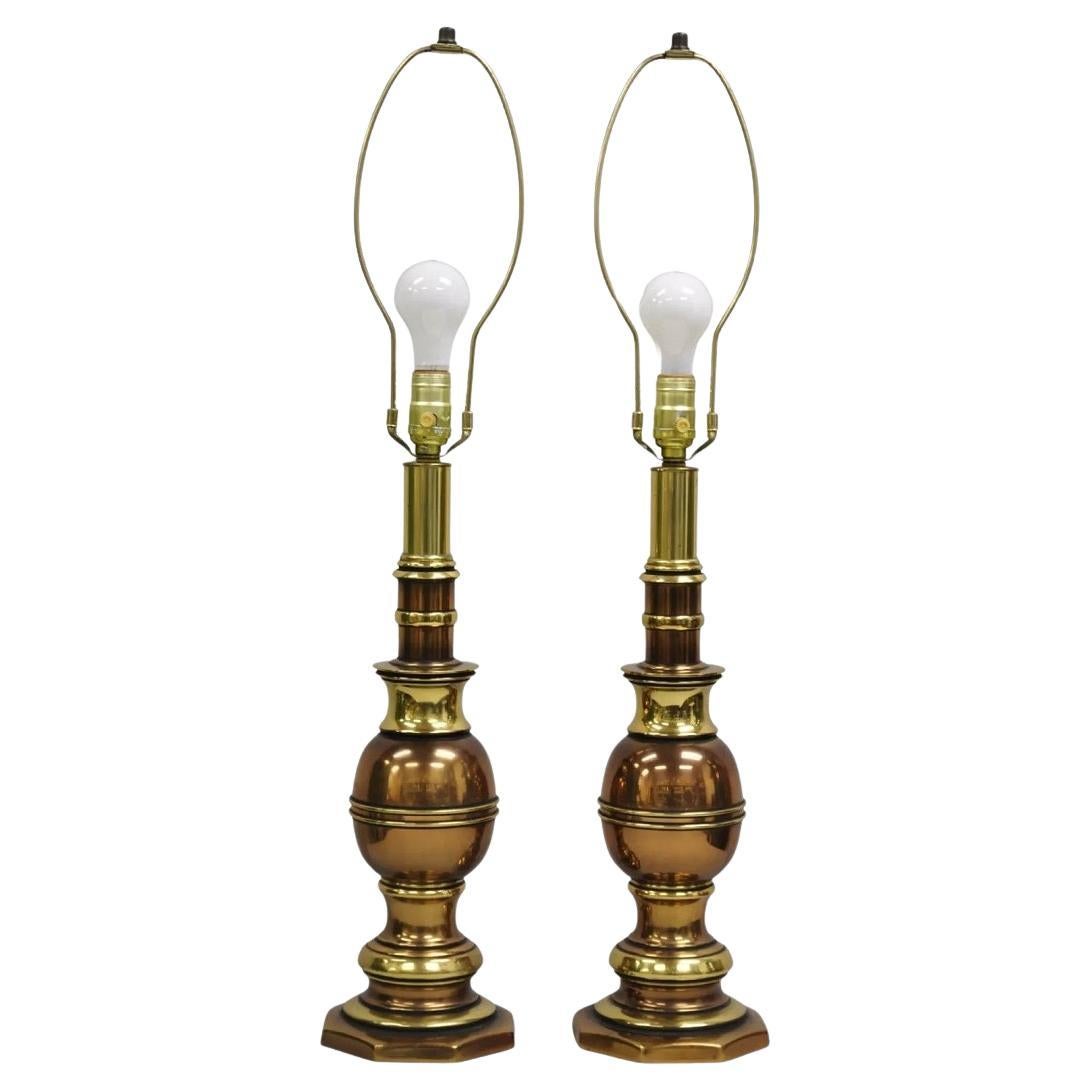 Vintage Hollywood Regency Brass & Copper Faux Bamboo Table Lamps - a Pair