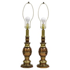 Vintage Hollywood Regency Brass & Copper Faux Bamboo Table Lamps - a Pair