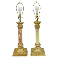 Vintage Hollywood Regency Brass Empire Column Green Pink Gold Table Lamps - Pair