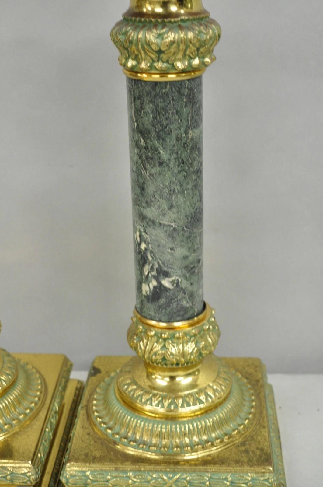 Vintage Hollywood Regency Brass Empire Green Column Gold Table Lamps - a Pair 6