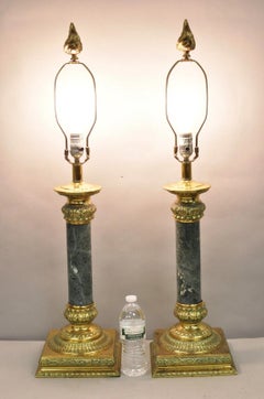 Vintage Hollywood Regency Brass Empire Green Column Gold Table Lamps - a Pair