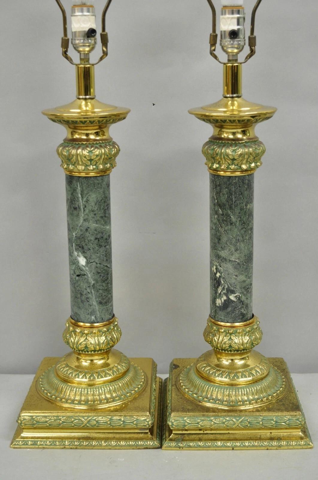 Unknown Vintage Hollywood Regency Brass Empire Green Column Gold Table Lamps - a Pair