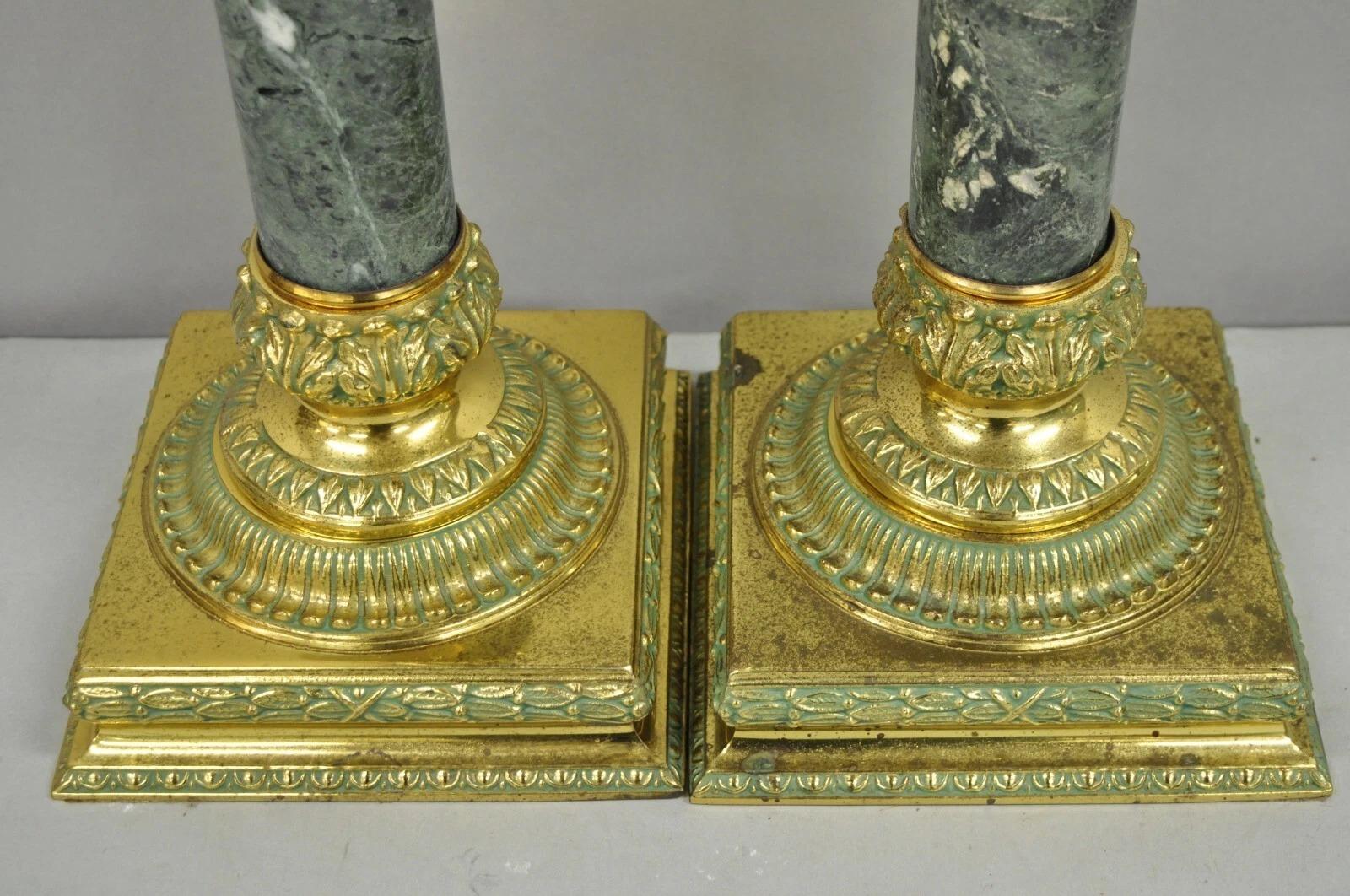 Vintage Hollywood Regency Brass Empire Green Column Gold Table Lamps - a Pair In Good Condition In Philadelphia, PA